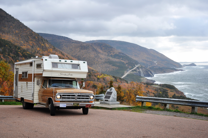 A vintage 1970s Ford motor home parked alongside Nova Scotia’s Cabot Trail. 