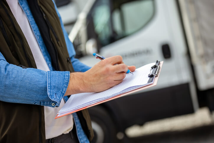 An auto dispatcher writing on a clipboard after dispatch training