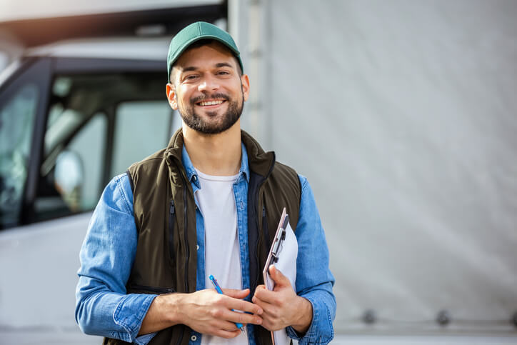 A smiling male auto parts driver holding a notepad after automotive training