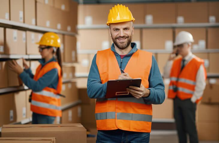 A smiling male warehousing clerk holding a notepad at a warehouse after completing his auto parts training