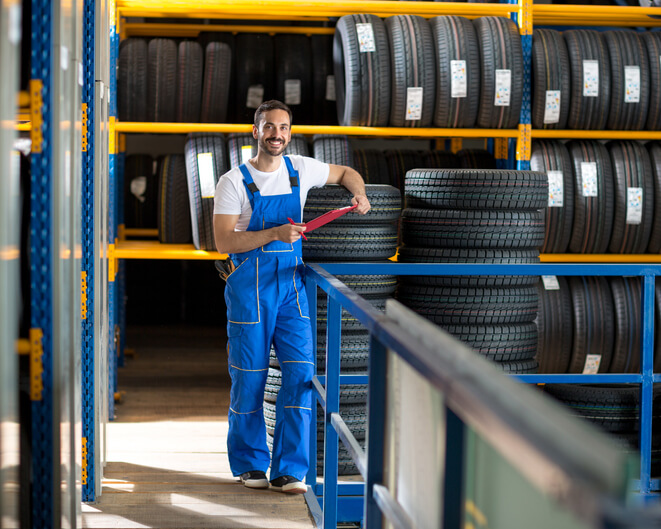 A male counter person at an auto parts store checking inventory after auto parts training