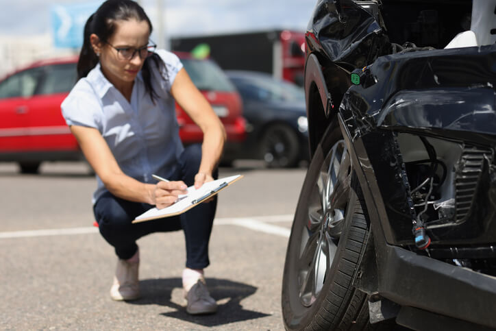 A collision estimating professional inspecting a broken car after her automotive training