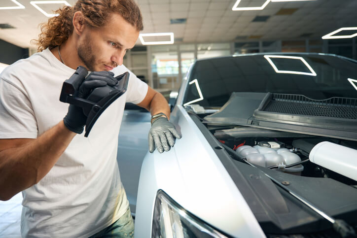 An auto detailing grad inspecting a car