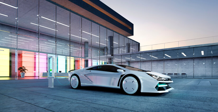 A concept image: automotive school grad parks futuristic EV outside of their home