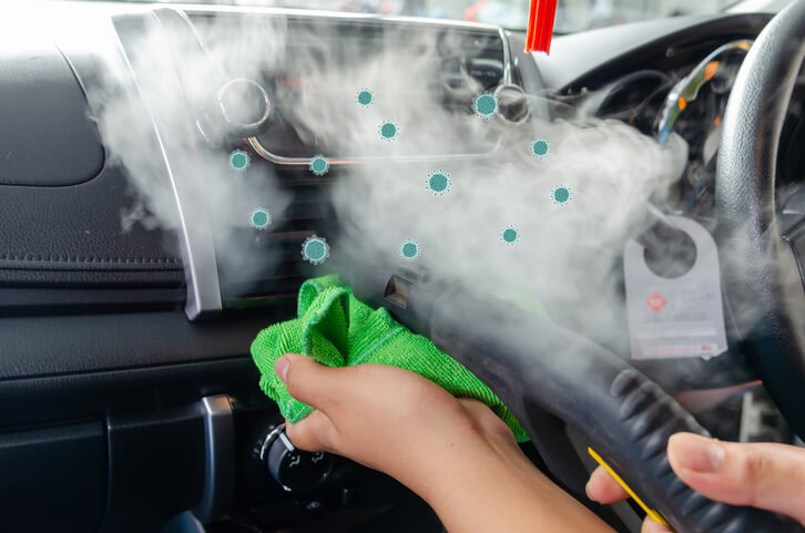 A concept: auto detailing grad steam cleaning a car getting rid of illustrated bacteria