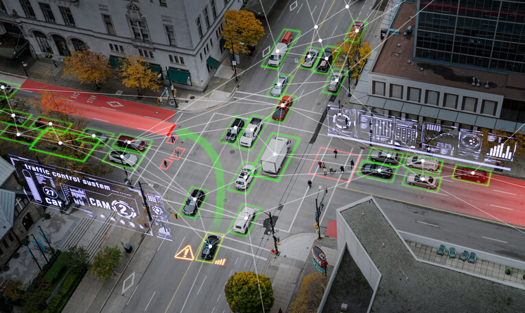 A concept image of vehicles communicating with road infrastructure through V2X automotive technology