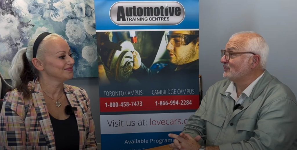 ATC’s admissions advisor, Brigitte Bouchard, giving an interview at our auto mechanic school