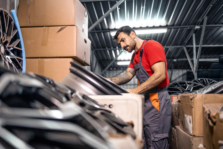 A male parts manager in a bustling automotive warehouse after completing his auto parts training.